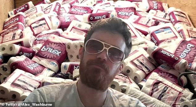 Alex Washburne, from the US, shared a photo of himself posing in front of a stash of toilet roll amid the coronavirus pandemic, and penned: 