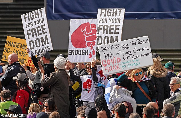Thousands of protesters were expected to swarm the streets of Melbourne on Saturday (pictured anti-lockdown protest outside Parliament House in Melbourne in May)