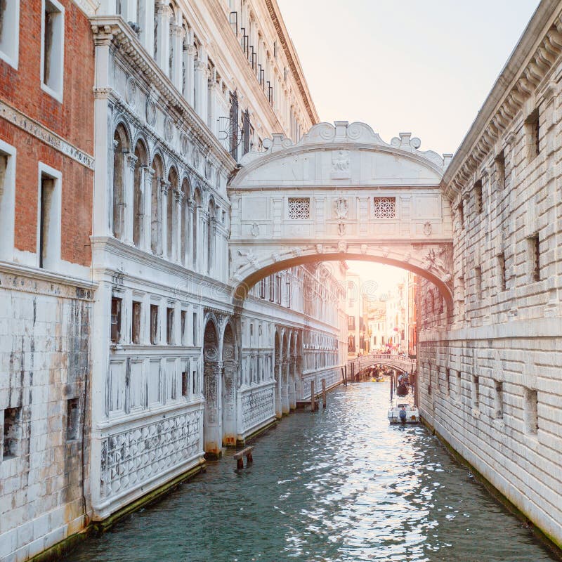 Bridge of Sighs Venice Italy. Beautiful view of the bridge of sighs in Venice in gentle pastel colors with rays of sunlight. Italy stock images