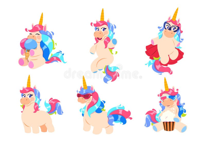 Cartoon unicorns. Cute magic unicorn set. Fantasy baby horse adorable honey vector animals. Illustration of magic unicorn myth, pony flying royalty free illustration