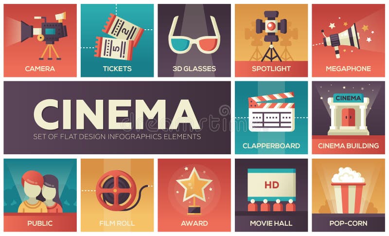 Cinema and movie - vector modern flat design icons set. Cinema - set of modern vector flat design icons with gradient colors. Movie production symbols 3d glasses royalty free illustration