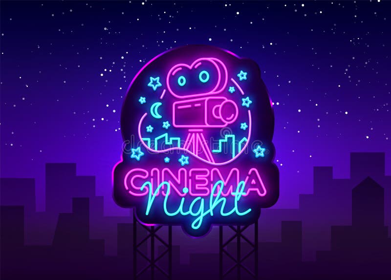 Cinema Night Neon Logo Vector. Movie Night neon sign, design template, modern trend design, night neon signboard, night. Light advertising, light banner, light vector illustration