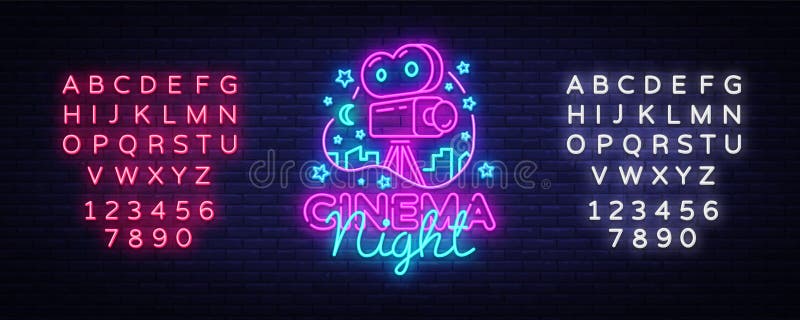 Cinema Night Neon Logo Vector. Movie Night neon sign, design template, modern trend design, night neon signboard, night. Light advertising, light banner, light royalty free illustration