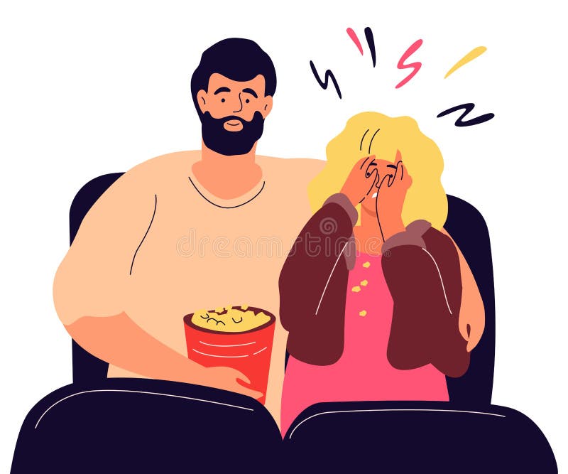 Couple in the cinema - modern colorful flat design style illustration. On white background. High quality composition with a boy and a girl watching a horror stock illustration