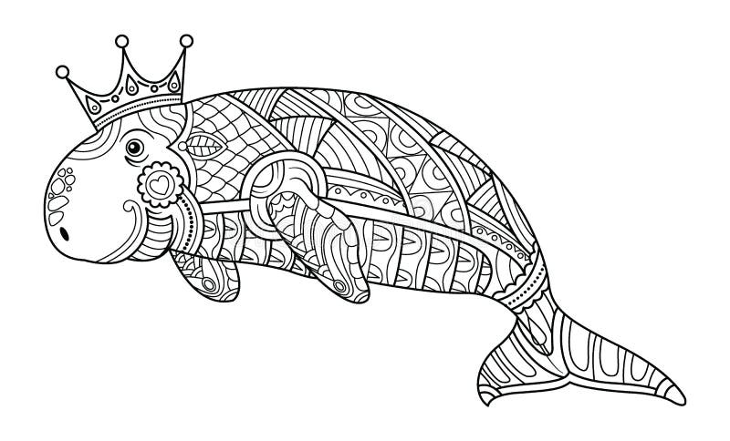 Dugong Coloring book page for adult vector. Dugong, ornamental graphic line. Vector. Coloring book page for adult. Hand drawn artwork. Black and white vector illustration