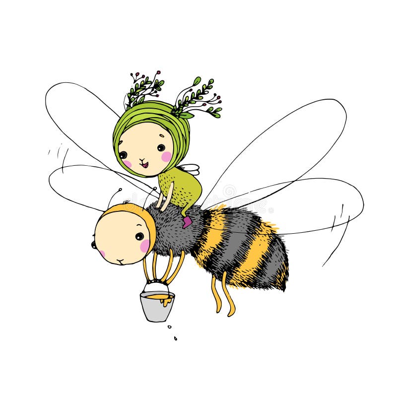 Fairy and the bee on a white background. Hand drawn vector vector illustration