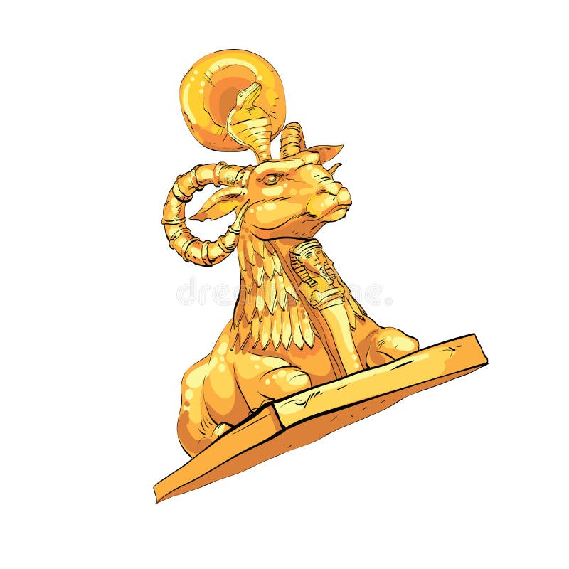 Fantastic Golden sheep from tales. Fantasy sculpture of mountain sheep with the Cobra on the head. Mythical animal. Fictional sculpture royalty free illustration