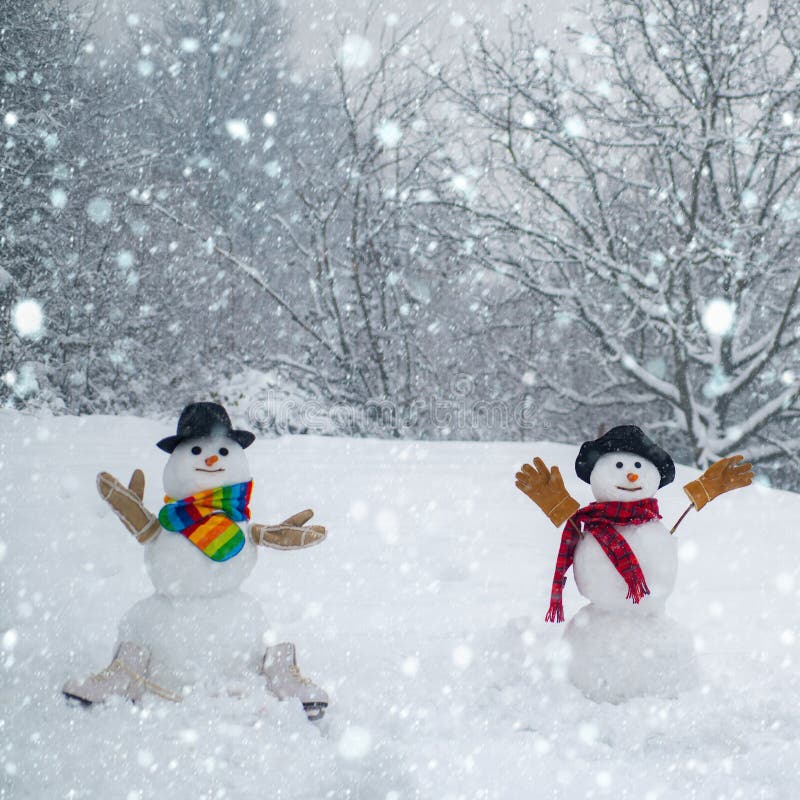 Funny Laughing Surprised snowman Portrait. Secrets fantasy. Happy new year snowman friends. Trust in love. Romantic. Portrait of a sensual Snowman couple in stock photo