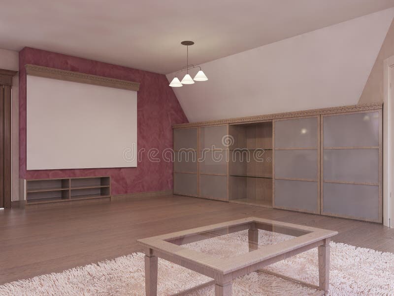Home cinema in the attic in a modern style in burgundy and white colors. 3D rendering vector illustration
