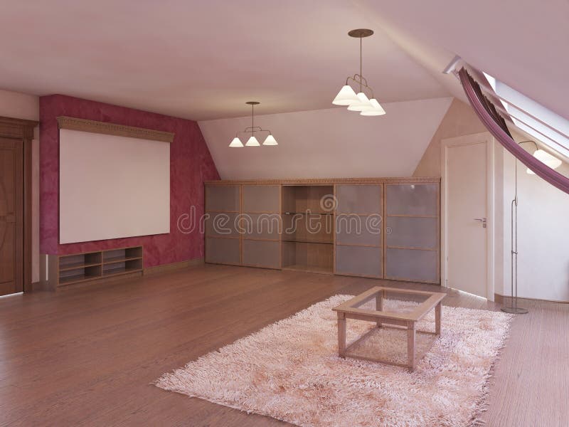 Home cinema in the attic in a modern style in burgundy and white colors. 3D rendering royalty free illustration