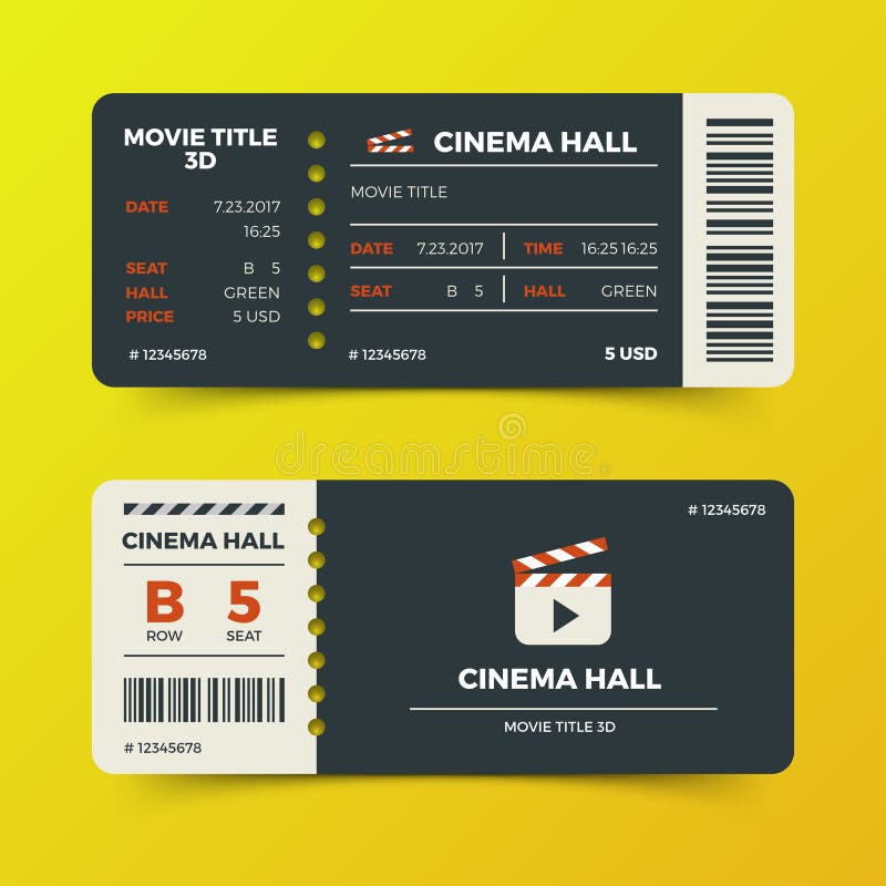 Modern cinema movie tickets vector design. Ticket to cinema hall 3d film illustration vector illustration