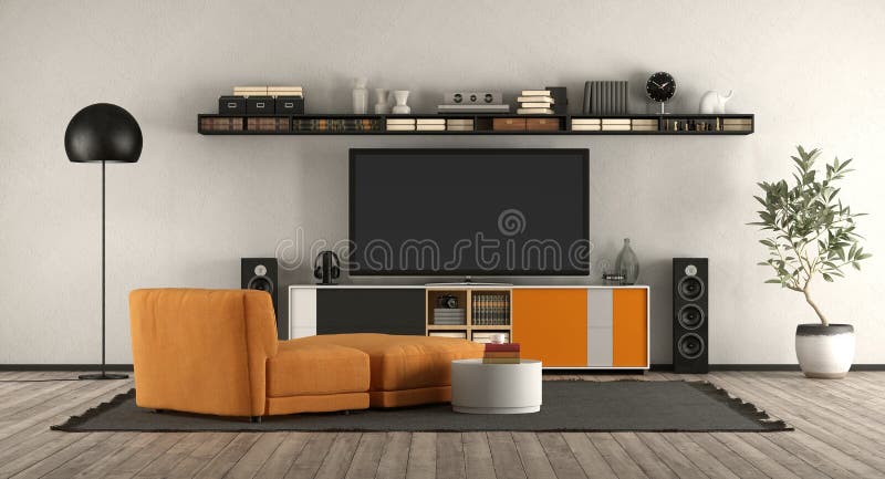 Modern living room with home cinema equipment. Orange armchair and sideboard - 3d rendering royalty free illustration