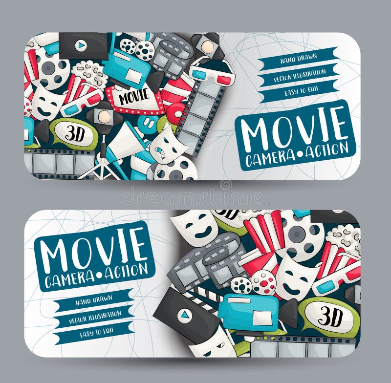 Movie cinema theme. Horizontal banner template set. Modern hand drawn doodle design. Vector illustrator stock illustration