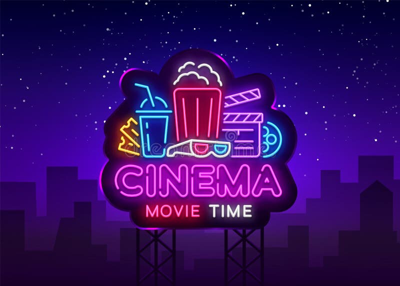 Movie Time Neon Logo Vector. Cinema Night neon sign, design template, modern trend design, night neon signboard, night. Light advertising, light banner, light stock illustration