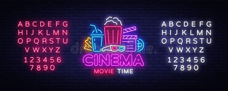 Movie Time Neon Logo Vector. Cinema Night neon sign, design template, modern trend design, night neon signboard, night. Light advertising, light banner, light vector illustration