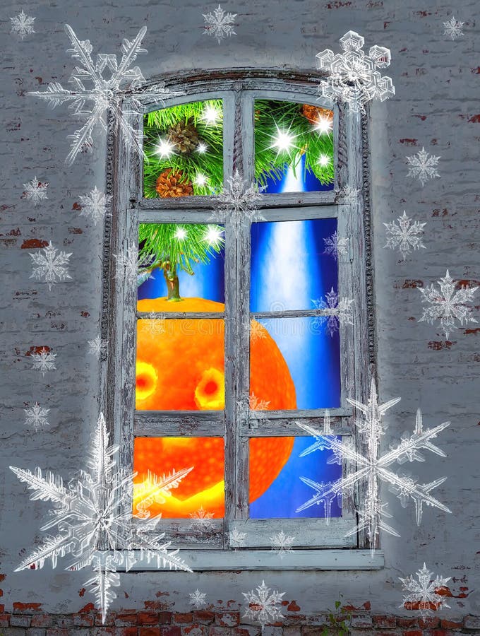 New Year fantasy with large snowflakes, retro window with smiling orange mandarin, sparkling evergreen branch and blue projector. New Year fantasy picture with royalty free stock image