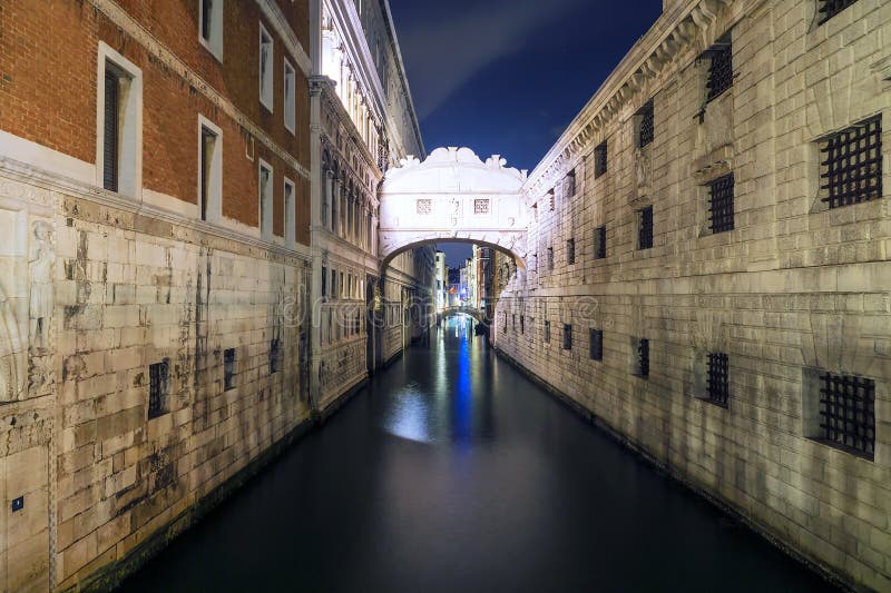 Night view of the Bridge of Sighs in Venice.  royalty free stock image