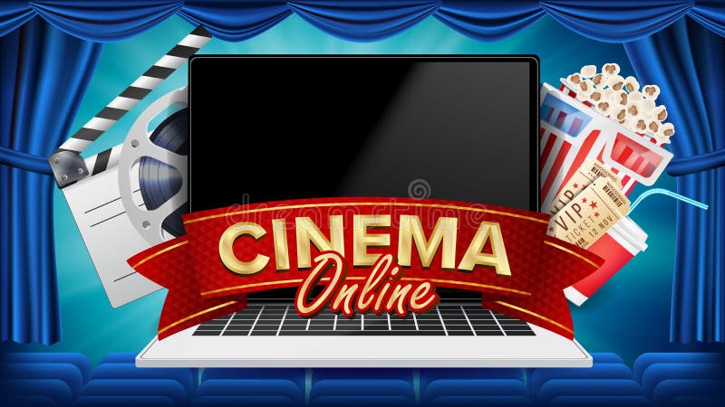 Online Cinema Poster Vector. Modern Laptop Concept. Home Online Cinema. Theater Curtain. Package Full Of Jumping Popcorn. Banner, Poster Illustration royalty free illustration