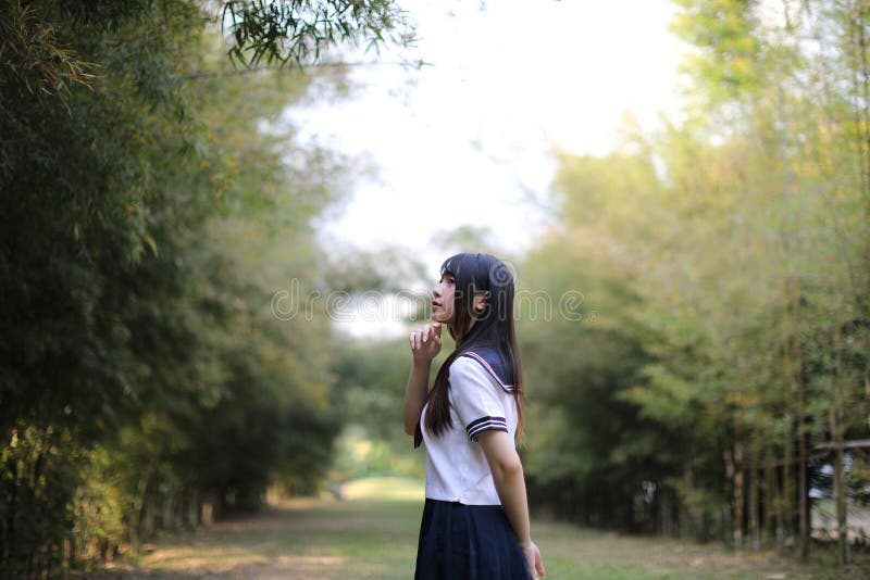 Portrait of beautiful Asian japanese high school girl uniform looking with bamboo forest background. Portrait of beautiful Asian japanese high school girl royalty free stock photos