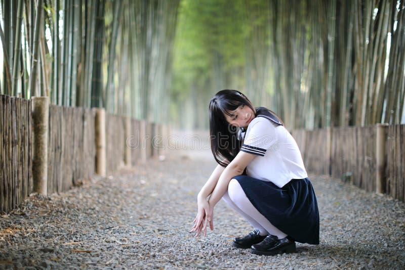 Portrait of beautiful Asian japanese high school girl uniform looking with bamboo forest background. Portrait of beautiful Asian japanese high school girl stock photo