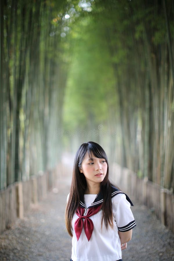 Portrait of beautiful Asian japanese high school girl uniform looking with bamboo forest background. Portrait of beautiful Asian japanese high school girl stock image