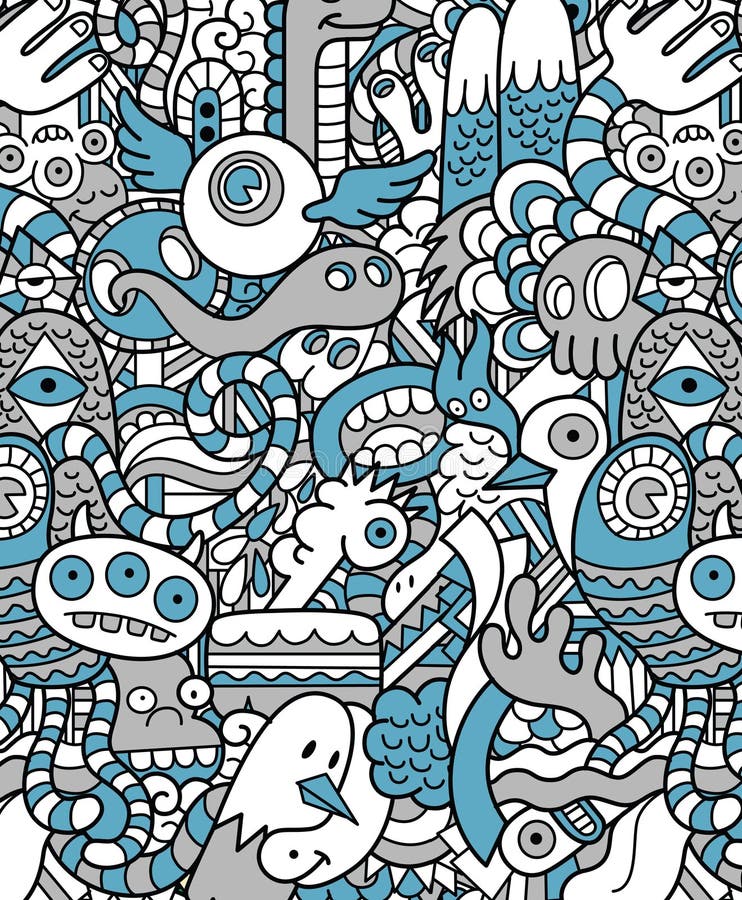 Seamless Hipster Doodle Monster Pattern vector illustration
