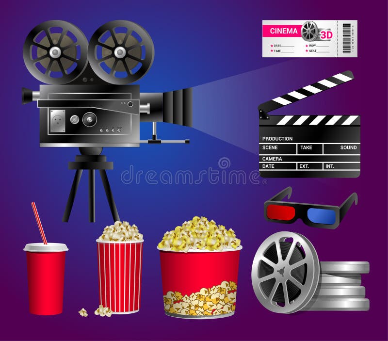 Set of cinema objects - modern vector realistic clip art. On blue and purple background. Popcorn box, cup for beverages with straw, film strip, ticket, clapper royalty free illustration