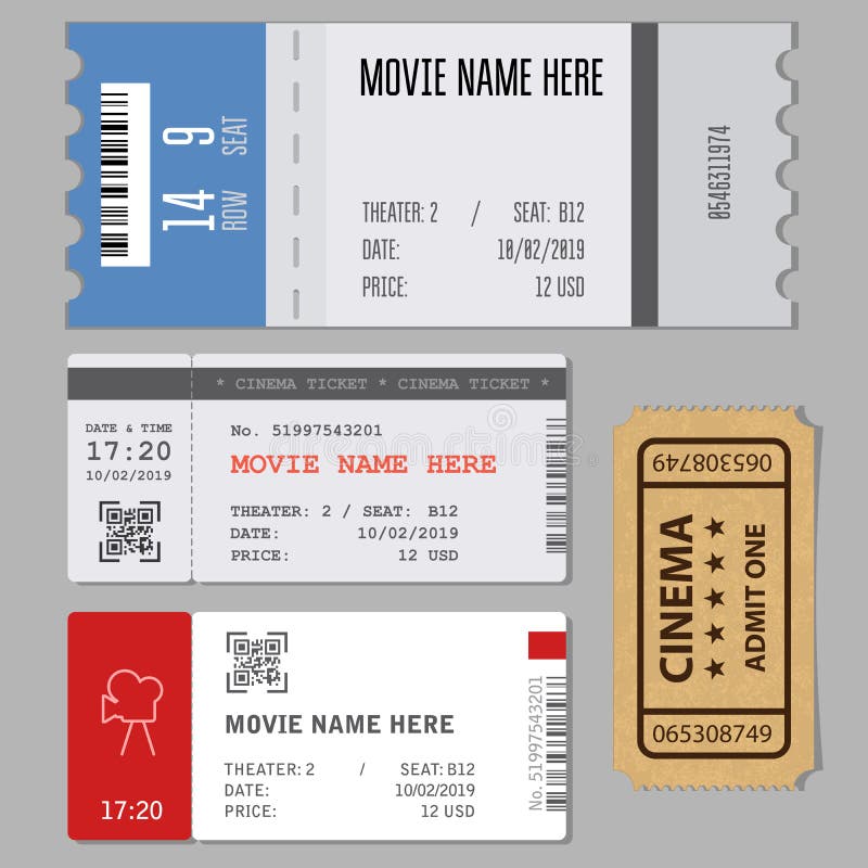 Templates of modern tickets for cinema or concert entrance. Simple templates of modern tickets for cinema or concert entrance vector illustration