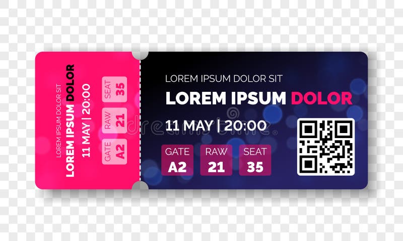 Ticket template modern trendy design. Vector admit ticket with event date and raw seat for cinema movie, live music concert or fes. Tival and football soccer and royalty free illustration