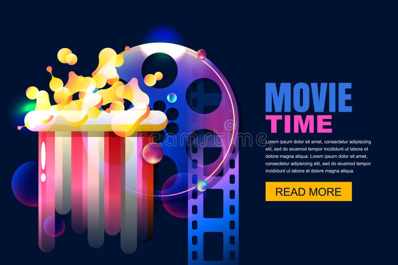 Vector neon cinema and home movie time concept. Film reel and popcorn modern illustration. Sale cinema theatre tickets. Vector glowing neon cinema and home stock illustration