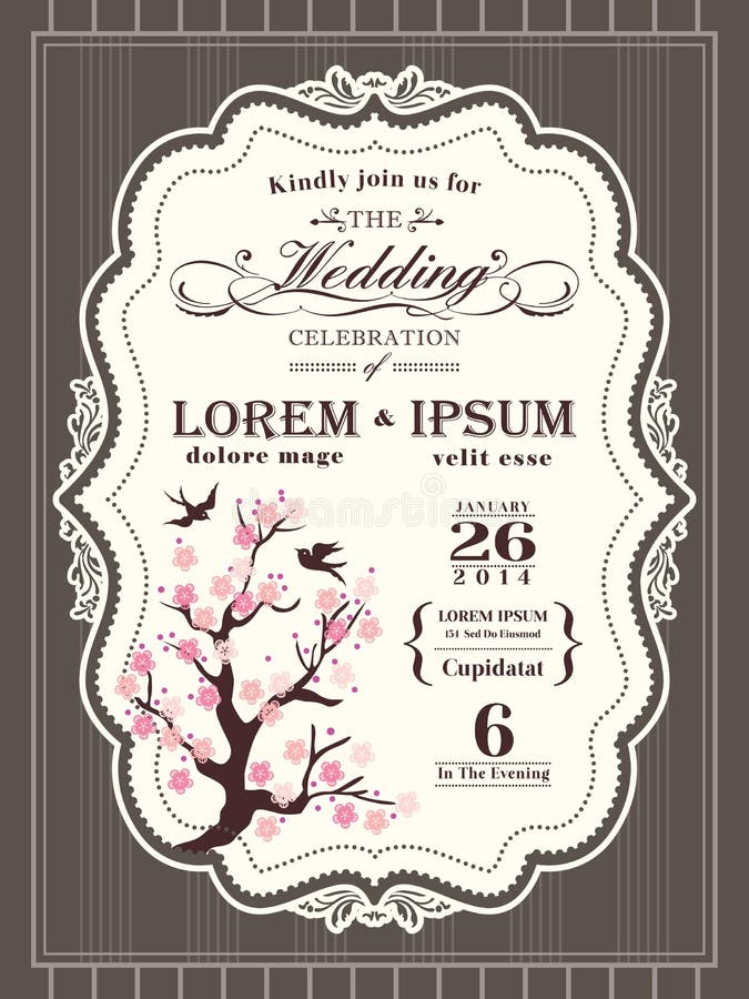Vintage cherry blossom Wedding invitation border and frame stock illustration